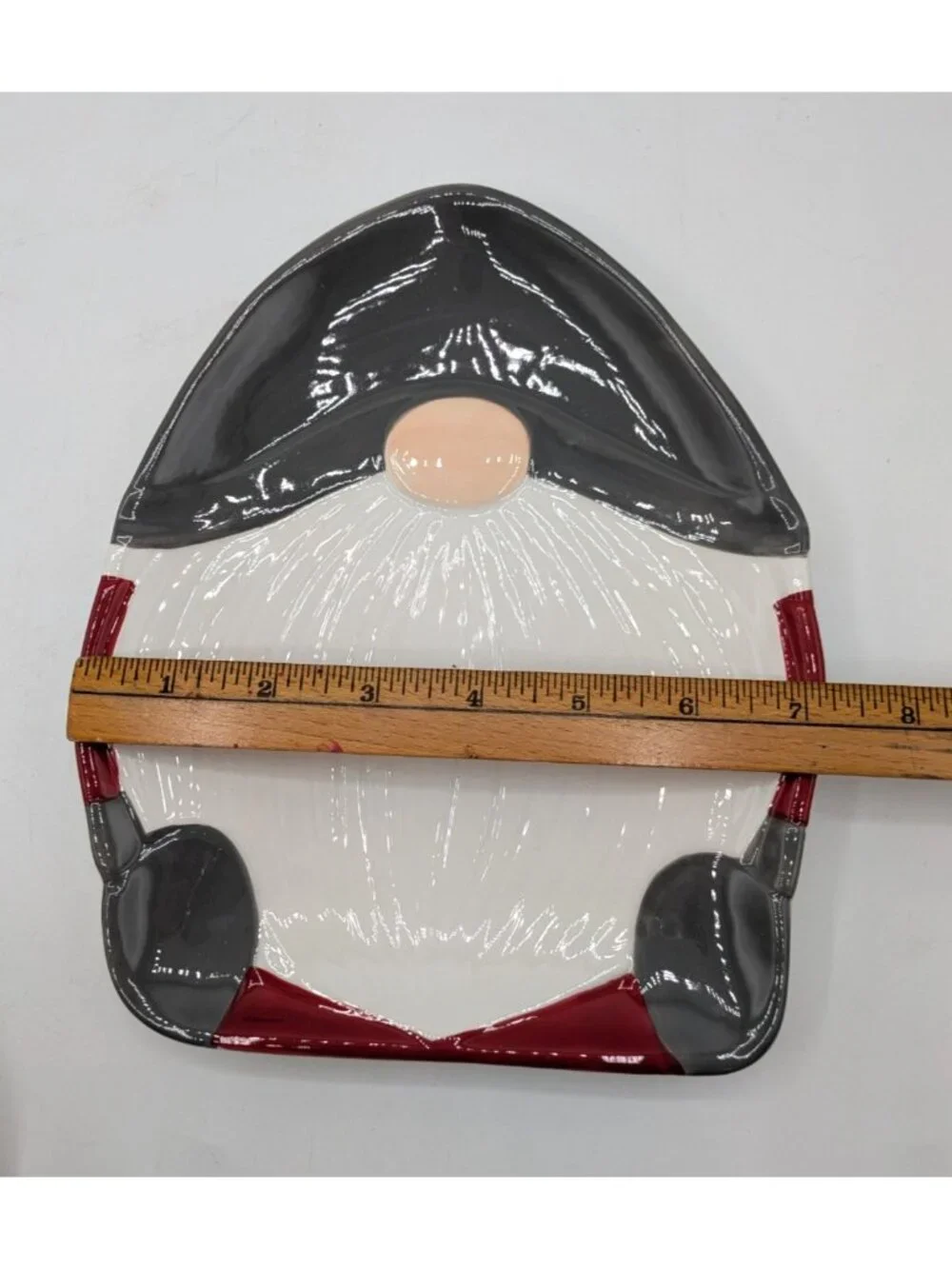 Pottery Barn Figural Gnome Shaped Ceramic Plates Set of 3 Salad Dessert Red Grey